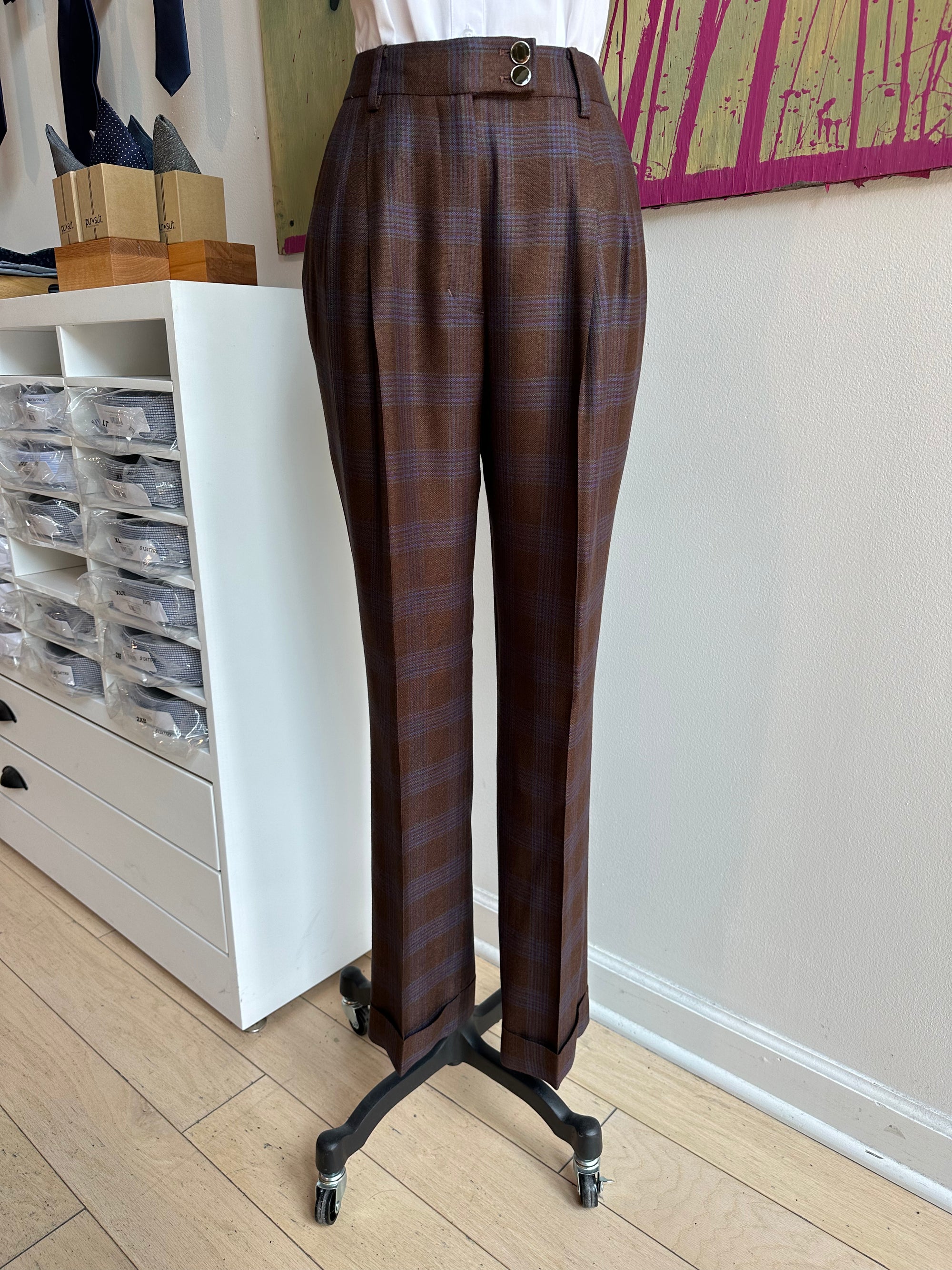 Brown Plaid Bamboo Feminine Cut Suit Pants 8 Brown Plaid Bamboo Feminine Cut Suit Pants 8