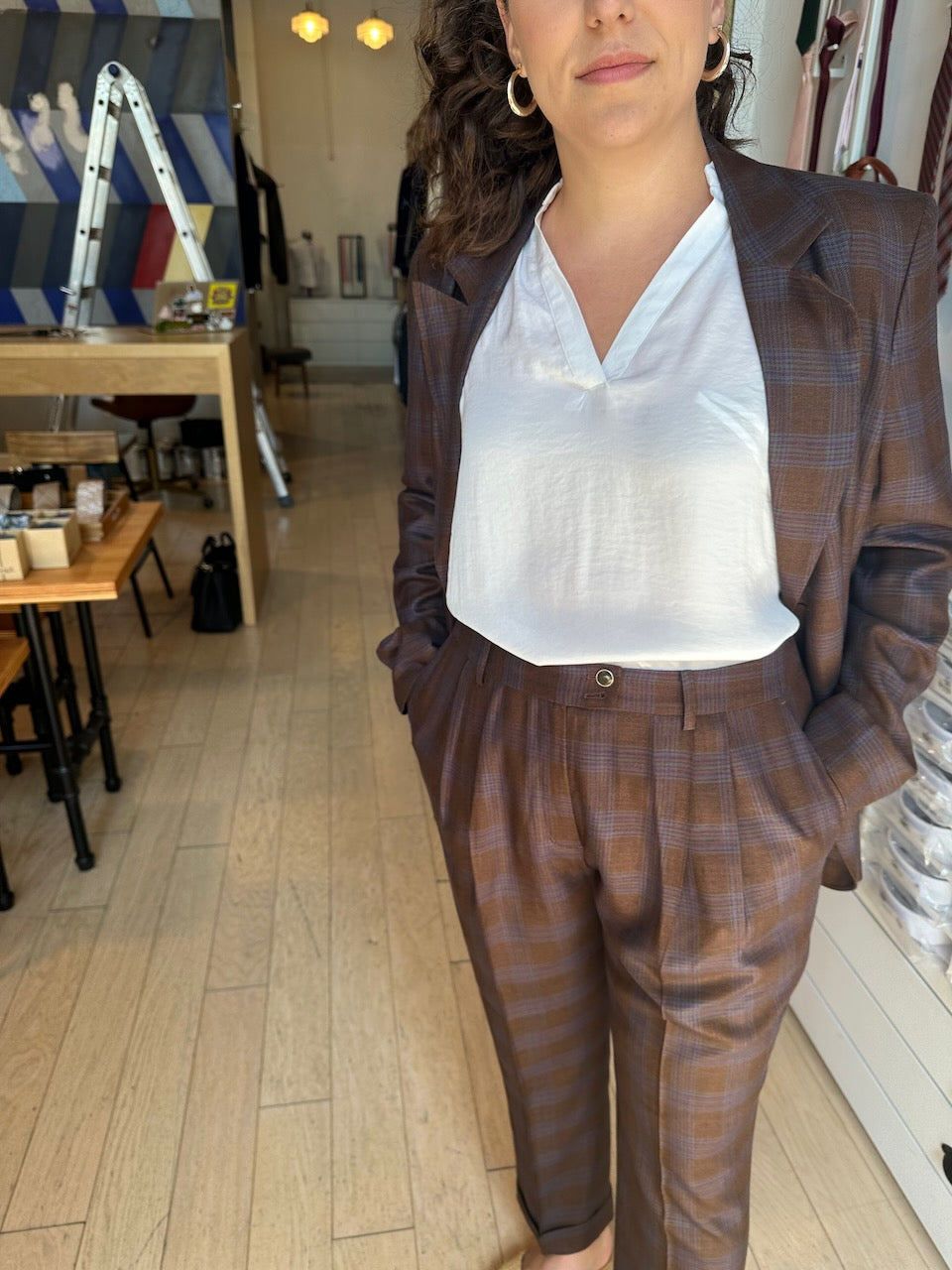 Brown Plaid Bamboo Feminine Cut Suit Pants 8